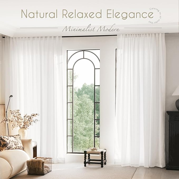 White Curtains 100 inches Long 2 Panels Back Tab Light Filtering Cotton Textured Curtain Modern Farmhouse Coastal Decor Off White Linen Drapes 100 inch Length for Patio Sliding Door Office Bedroom