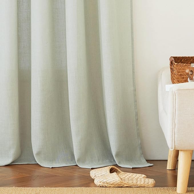 RYB HOME Linen Kitchen Curtains - Back Tab Natural Soft Texture Light Filtering Half Privacy Semi Sheer for Living Room Doorway Home Office, W 52 x L 36 inch, 2 Pcs, Sage Green