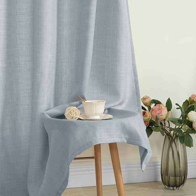 LAMIT Linen Curtains 90 Inch for Bedroom, Grommet Thick Linen Textured Sheer Curtains Light Filtering Privacy Window Drapes for Living Room, Set of 2 Panels, 52 x 90 Inch, Haze Blue