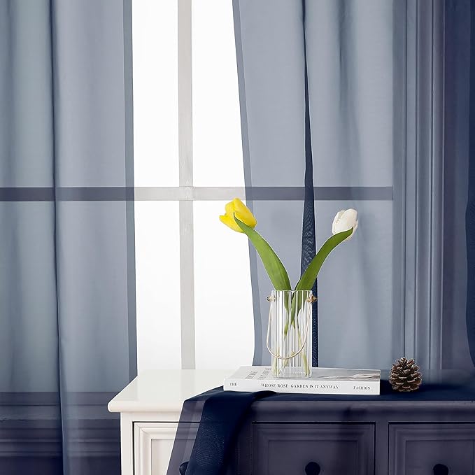 Lecloud Navy Blue Sheer Curtains 90 Inches Long 2 Panels, Light Filtering Voile Airy Curtains, Balance Light Privacy Window Treatments with Dual Rod Pocket for Bedroom Laundry Room, Each 42" W x 90" L