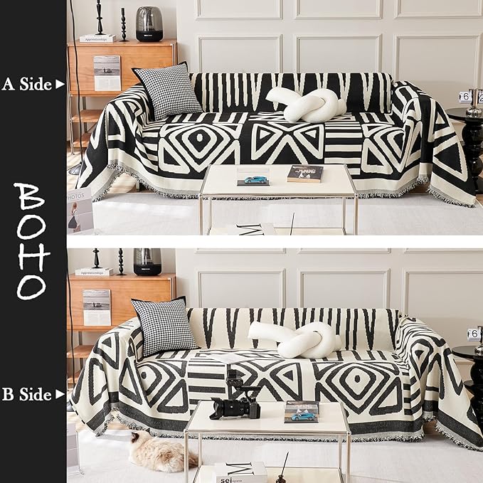 HANDONTIME Boho Sofa Covers for Dogs Black Couch Sofa Covers for 3 Cushion Couch Sofa Beige Chenille Sofa Slipcover Washable Sectional l Shaped Covers Pets Protector Furniture Covers, 91" X118"