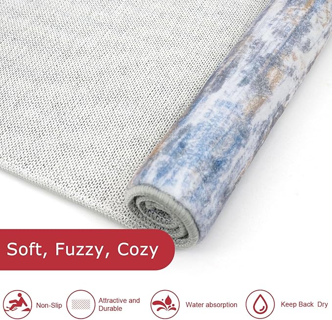 KOZYFLY Modern Abstract Washable Runner Rug 2.6x20 Hallway Runners Non-Slip Soft Kitchen Runner Rugs, Blue Rust 20 Foot Carpet Runner for Stair Entryway Bathroom Laundry Room Foyer