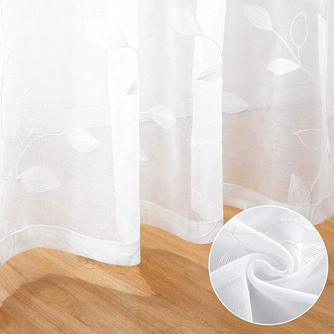 HOMEIDEAS White Sheer Curtains 52 X 63 Inches Length 2 Panels Embroidered Leaf Pattern Pocket Faux Linen Floral Semi Sheer Voile Window Curtains/Drapes for Bedroom Living Room