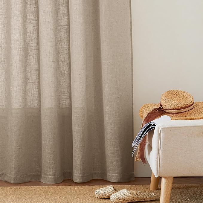 RYB HOME Linen Sheer Curtains for Small Window, Back Tab Breathable Absorbent Curtains & Drapes, Light Filter Half Privacy Protect for Study Room Office, Length 63 by Width 52 inch, 2 Panels, Khaki