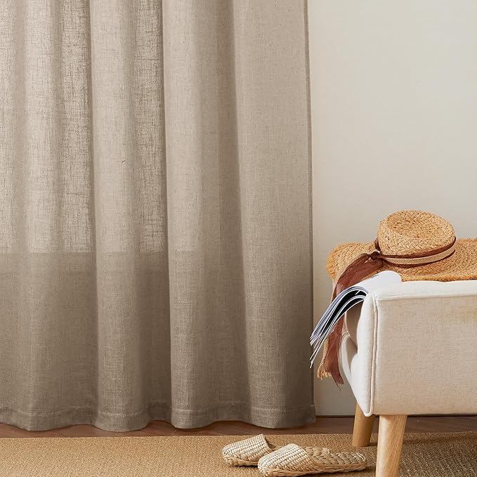 RYB HOME Natural Linen Blend Sheer Curtains for Kitchen, Semi Sheer Light Filtering Privacy Protected Rod Pocket & Back Tab Curtain Panels for Small Window, 52 x 45 inch, Khaki, 2 Panels Set