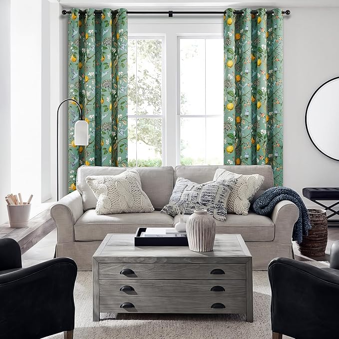 Topfinel 100 Inches Long Sage Green Luxury Curtains for Living Room Bedroom, Blackout Vintage Art Deco Victorian Curtains Floral Lemon Hummingbird Printed Grommet Drape 100 Inch Length