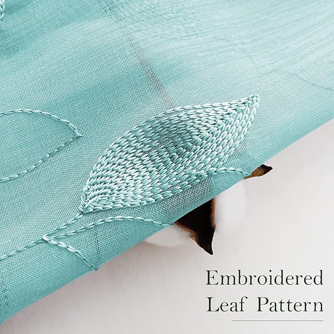 HOMEIDEAS Turquoise Aqua Sheer Curtains 52 X 84 Inches Length 2 Panels Embroidered Leaf Pattern Pocket Faux Linen Floral Teal Voile Window Drapes for Bedroom Living Room