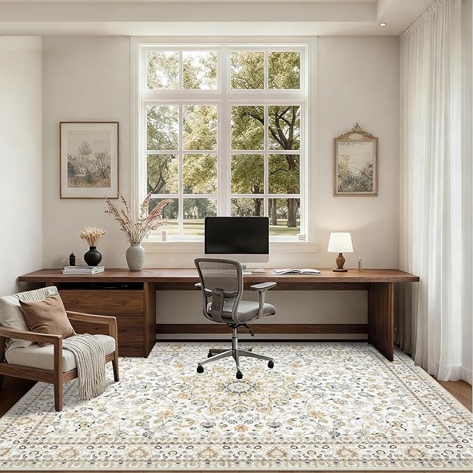 5x7 Area Rugs Living Room Rug: Washable Vintage Boho Rug No Slip Stain Resistant Soft Carpet Indoor Floor Floral Large Carpets for Bedroom Dining Room Farmhouse Nursery Hallway Home Office Beige