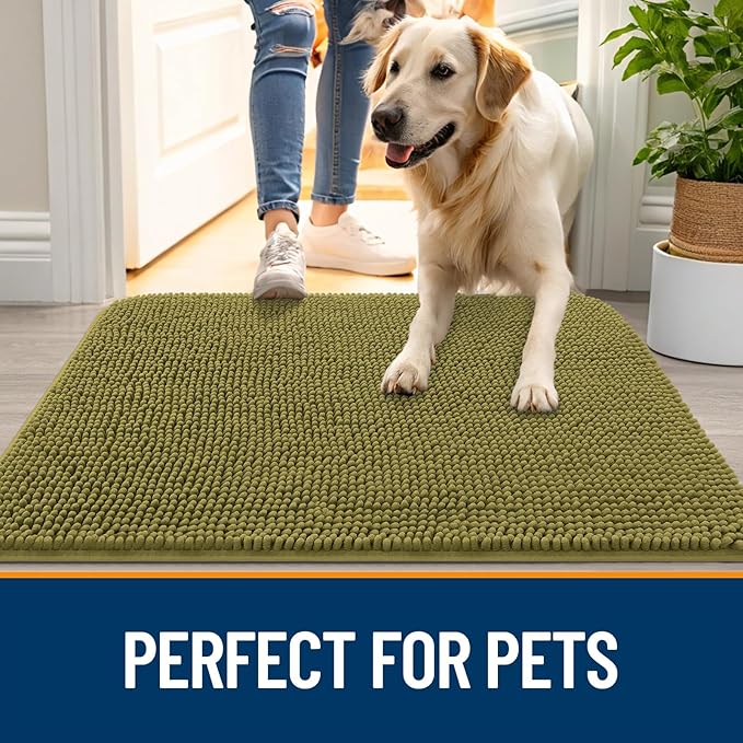 OLANLY Dog Door Mat for Muddy Paws 59x20, Absorbs Moisture and Dirt, Absorbent Non-Slip Washable Doormat, Quick Dry Chenille Mud Mat, Entry Indoor Entryway Carpet for Inside Floor, Willow Green