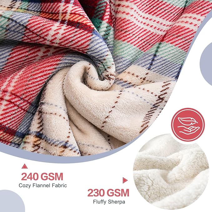 PU MEI Sherpa Fleece Throw Blanket 60" x 80" Reversible Plush Fluffy Large Big Blanket Lattice Flannel Blankets for All Season Use, Chrismas Red