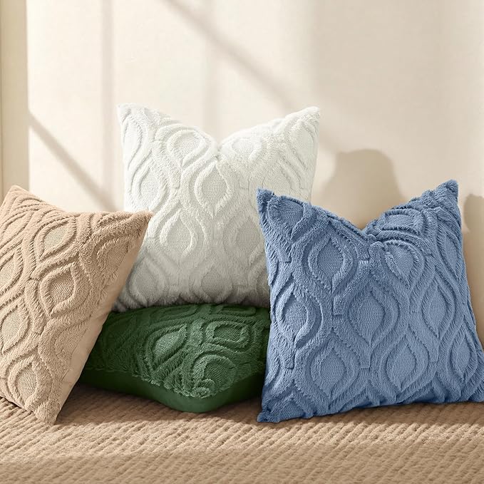 decorUhome Throw Pillow Covers 12x20 Inch Set of 2, Soft Plush Faux Wool Blue Solid Couch Pillow Covers, Accent Farmhouse Neutral Rectangle Pillow Cases for Sofa Bed Living Room