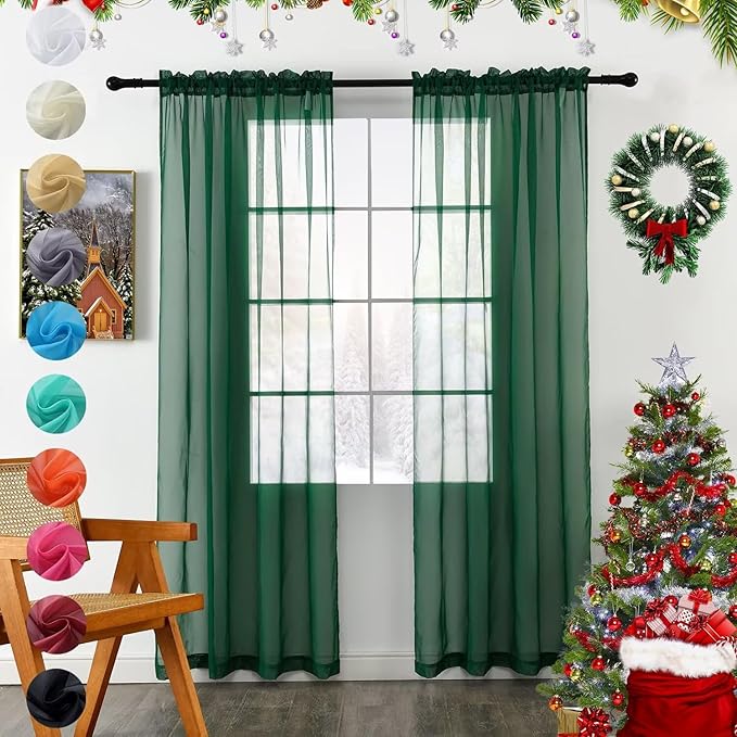 youleyar Solid Sheer Rod Pocket Curtain Voile Draperies 2 Panels White Beige Black Grey Coffee 42 Inch Width 54 Inch Long 1 Pair for Kitchen Bedroom Children Living Room Yard (Foliage Green,42Wｘ54L)