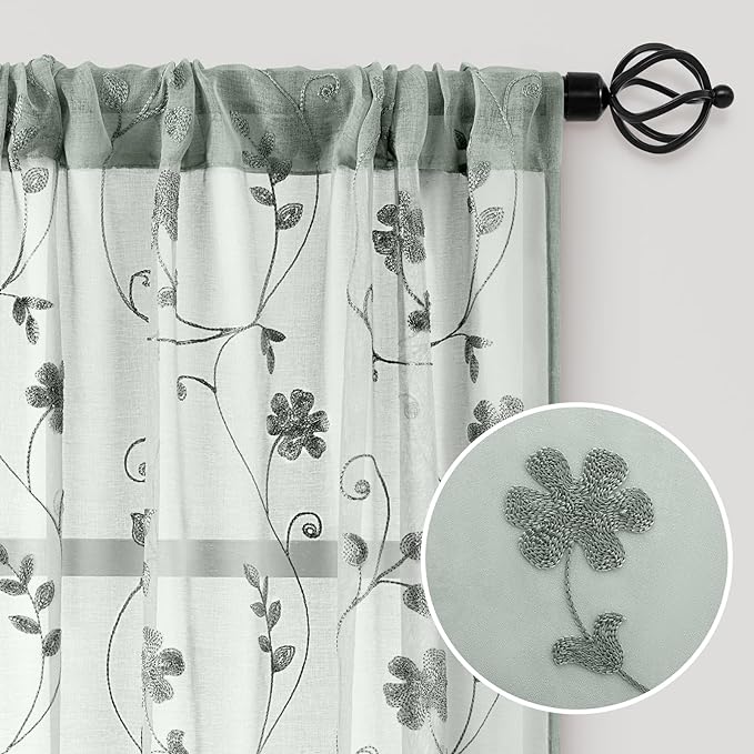 HOMEIDEAS Sage Green Sheer Curtains 84 Inches Long 2 Panels Embroidered Floral Pattern Semi Sheer Window Curtains for Bedroom Living Room