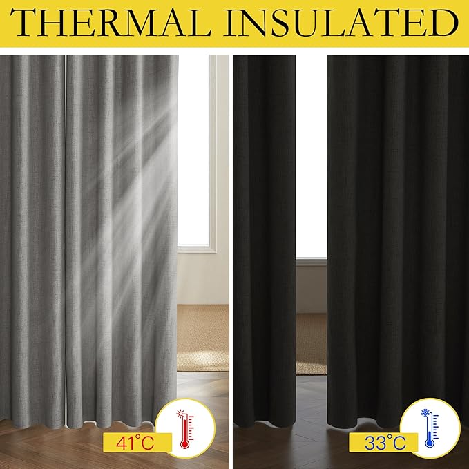 NICETOWN Grizzle Gray Vintage Linen 100% Blackout Curtains for Living Room, Thermal Insulated Curtains 84“ Long, Noise Reducing Window Treatment Drapes for Hall Room, 52" Wide Per Panel, Set of 2