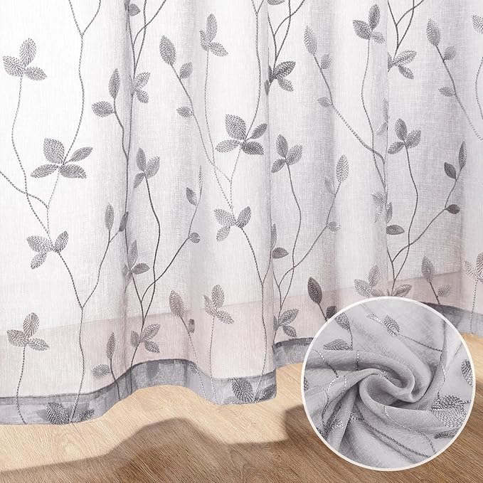 HOMEIDEAS Light Grey Sheer Curtains 52 X 63 Inches Length 2 Panels Embroidered Vine Floral Pattern Pocket Faux Linen Semi Sheer Voile Window Drapes for Bedroom Living Room