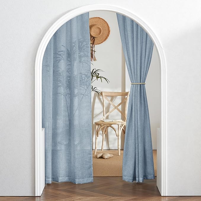 RYB HOME Linen Curtains 120 inches Long, Extra Long Floor Sweeping Semi Sheer Curtains Light Filtering Privacy Linen Blend Drapes for Sliding Glass Door Living Room, 52" inches Wide, Dusty Blue