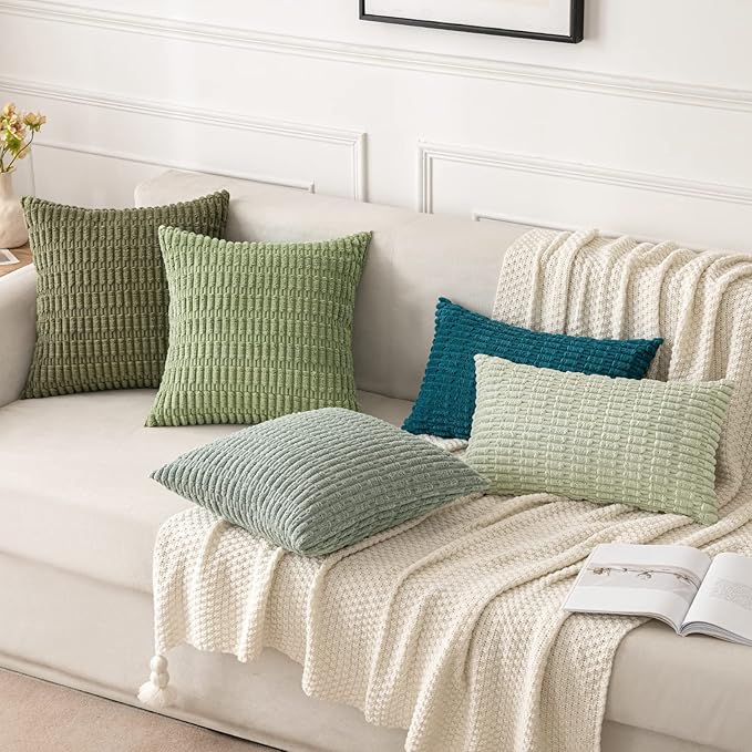 MIULEE Pack of 2 Spring Corduroy Decorative Throw Pillow Covers 18x18 Inch Soft Boho Striped Pillow Covers Modern Farmhouse Home Decor for Summer Sofa Living Room Couch Bed Sage Green