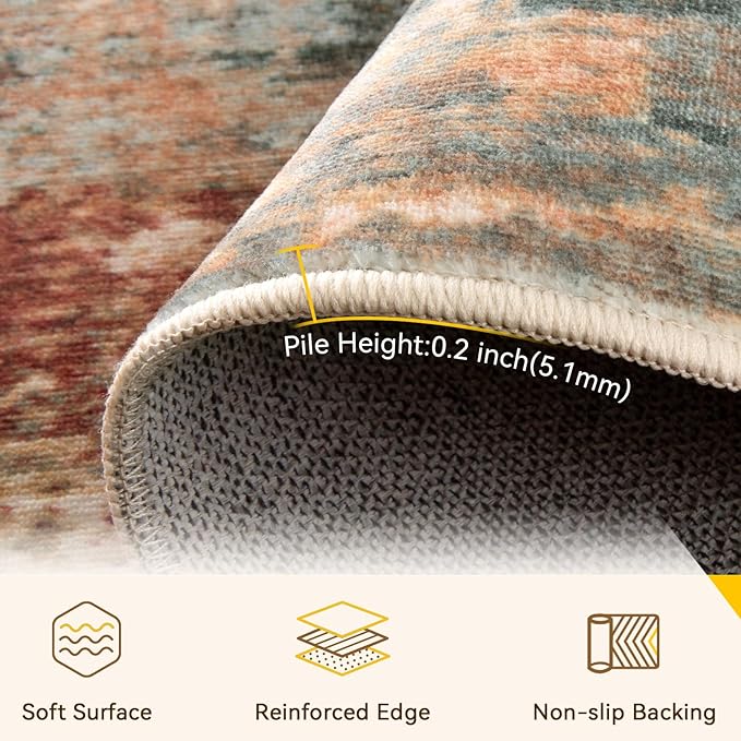 Washable Area Rugs 5'x7' Non-Slip Modern Abstract Soft for Living Room Entryway Bedroom Nursery, Print Pattern, Brown Rust Red Green Blue Multi