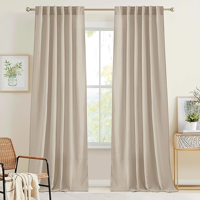 RYB HOME Guaze Burlap Curtains 95 inches Long, Large Window Treatment Back Tab Thick Linen Texture Fabric Privacy Added Drapery for Sliding Glass Door, Taupe, W 52 x L 95 inches, 2 Panels Set
