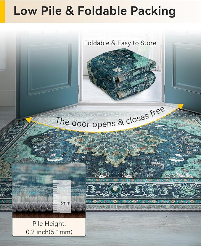 Area Rugs 2'x6' Runner Rug Non Slip Washable for Kitchen Hallway Bedroom Beside Laundry Room Bathroom Rug, Floor Carpet, Teal Green Lake Blue Turquoise