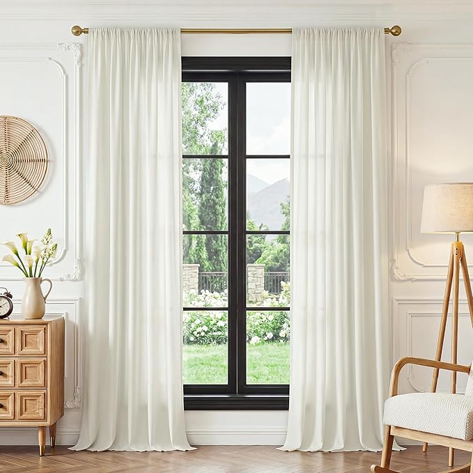 FMFUNCTEX Sheer Non-See-Through Netural Beige Curtains for Bedroom, Faux Silk that Let Light Curtains 84 inches Long Light Filtering Privacy Sheer Drapes for Living Room, Rod Pocket 2 Panels Set