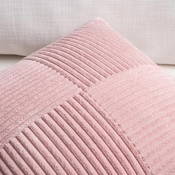 Fancy Homi 2 Packs Blush Pink Decorative Throw Pillow Covers 18x18 Inch for Living Room Couch Bed, Rustic Farmhouse Boho Home Decor, Soft Corss Corduroy Patchwork Textured Square Cushion Case 45x45 cm