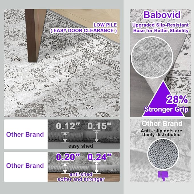 Washable Area Rug 8x10 Gray, Large Soft Rugs for Living Room Floral Grey White Carpet 8x10 Area Rugs for Bedroom Dining Room Non-Slip Stain Resistant Under Table Rug (8 x 10, Grey White)