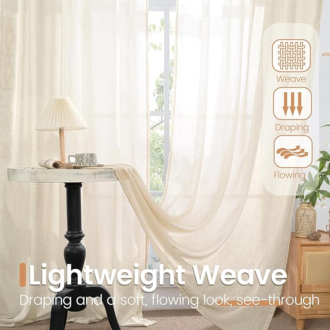 BGment Linen Kitchen Window Curtains Over Sink - 36 Inch Length Cafe Drapes Semi Sheer with Rod Pocket Light Filtering for Bathroom Small Window, Beige, 2 Panels, Each Panel 30 Inch Wide