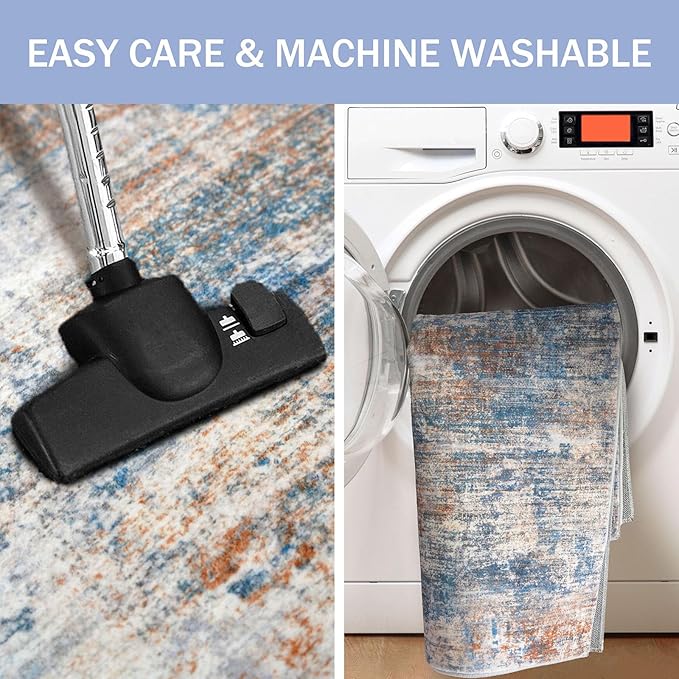 IOHOUZE Small Abstract Area Rug 2x3 Ft Entryway Rugs Washable Door Mat Indoor Entrance, Rubber Backed Throw Rugs, Printed Faux Wool Non Slip Floor Carpet for Foyer Front Door Sink, Blue Rust