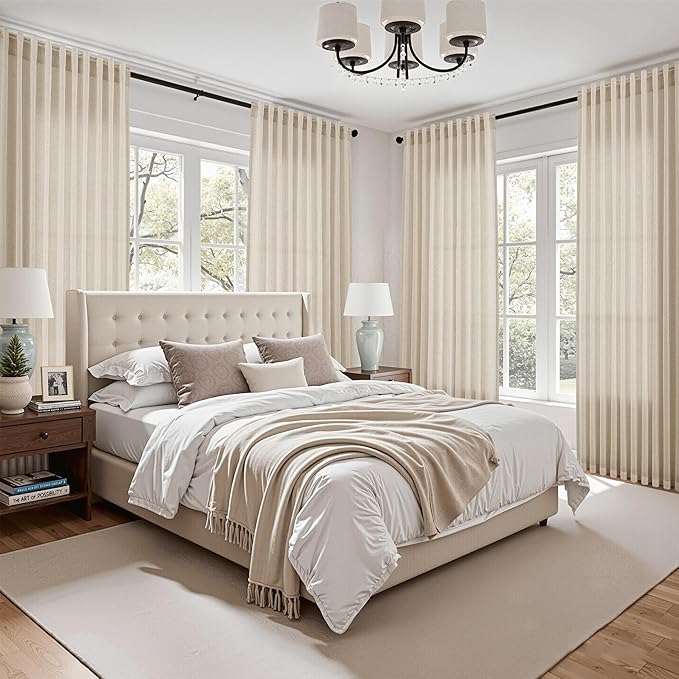 Cream Beige Linen Curtains for Living Room 94 Inches Long Light Filtering Semi Sheer Curtain Back Tab Modern Farmhouse Decor Elegant Luxury Coastal Drapes for Bedroom Dinner Room 52x94, 2 Panels