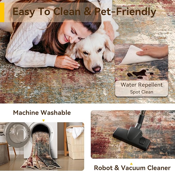 Washable Area Rugs 3x4 Non-Slip Modern Abstract Soft for Living Room Entryway Bedroom Nursery, Print Pattern, Brown Rust Red Green Blue Multi