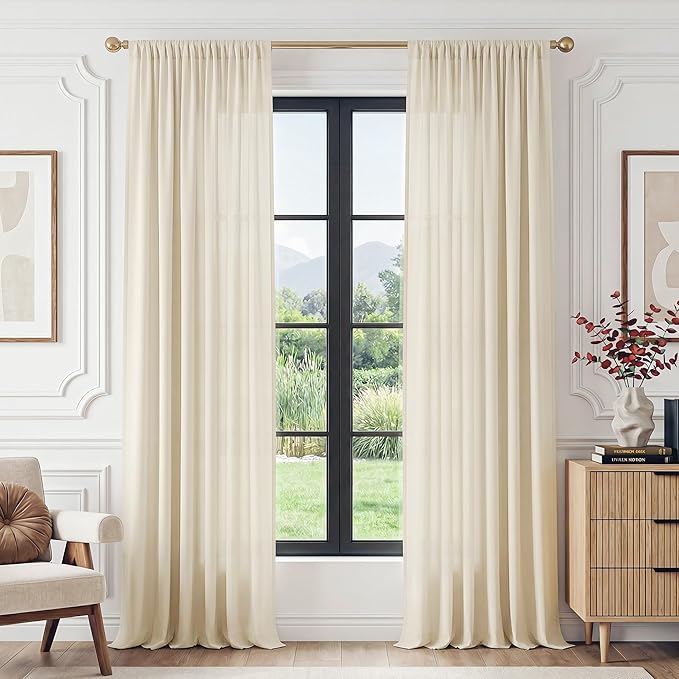 FMFUNCTEX Sheer Non-See-Through Butter Cream Curtains for Bedroom, Faux Silk That Let Light Curtains 90 inches Long Light Filtering Privacy Sheer Window Drapes for Living Room, Rod Pocket 2 Panels Set