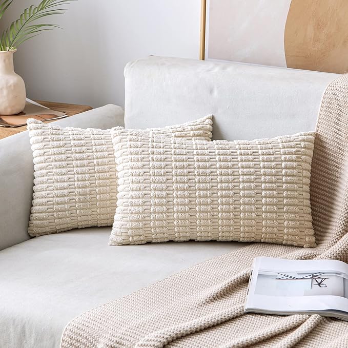 MIULEE Pack of 2 Corduroy Decorative Lumbar Throw Pillow Covers 24x14 Inch Soft Boho Striped Pillow Covers Modern Farmhouse Home Decor for Sofa Living Room Couch Bed Cream White
