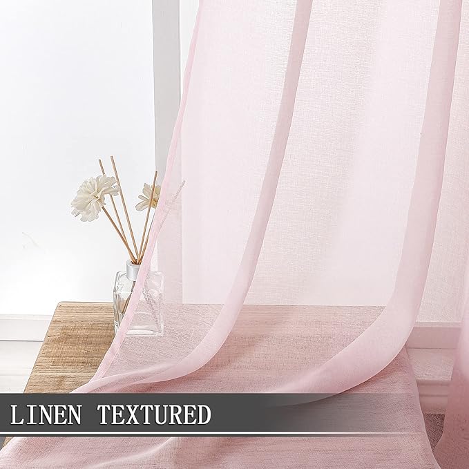 Tollpiz Sheer Tier Curtain Linen Textured Half Kitchen Curtains Sheer Light Filtering Rod Pocket Voile Small Curtains for Bathroom, 25 x 36 inches Long, Pink, Set of 2 Panels