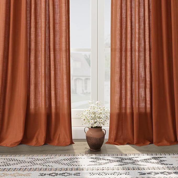 Nanspring Terracotta Long Linen Curtains 102 Inches Long 2 Panel Set Back Tab Boho Rustic Farmhouse Curtain for Living Room Semi Sheer Floor to Ceiling Luxury Home Decor for Bedroom Office 60x102