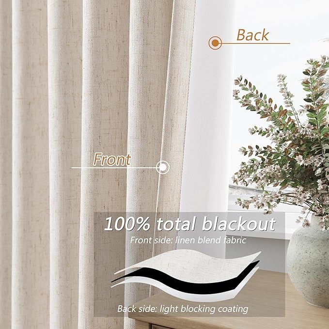 Guken 100% Blackout Linen Curtains 84 Inch Length 2 Panels Set for Living Room Bedroom Back Tab Thermal Insulated Black Out Drapes Room Darkening Farmhouse Style for Bedroom Window Curtains 52x84