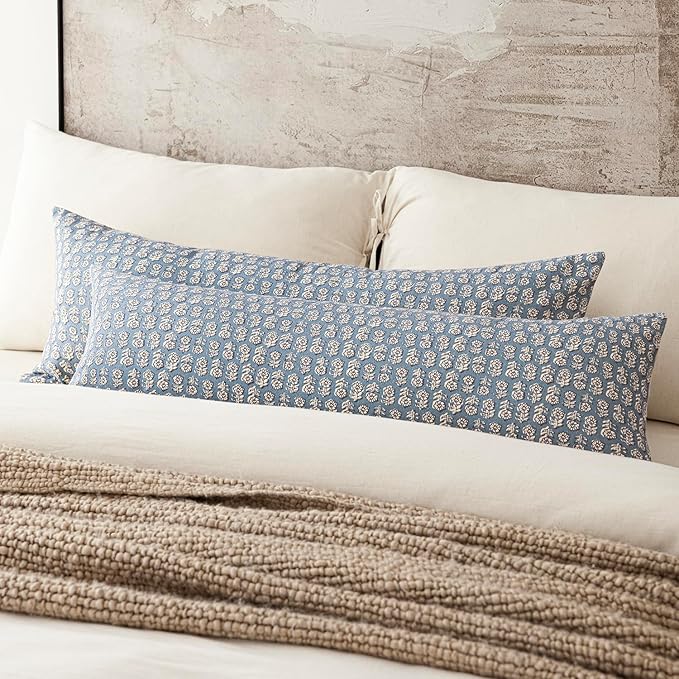 Foindtower Set of 2 Decorative Neutral Body Lumbar Throw Pillow Covers Vintage Accent Farmhouse Cushion Covers Floral Home Decor for Sofa Couch Chair Bedroom Living Room,14×36 Inch,Dusty Blue