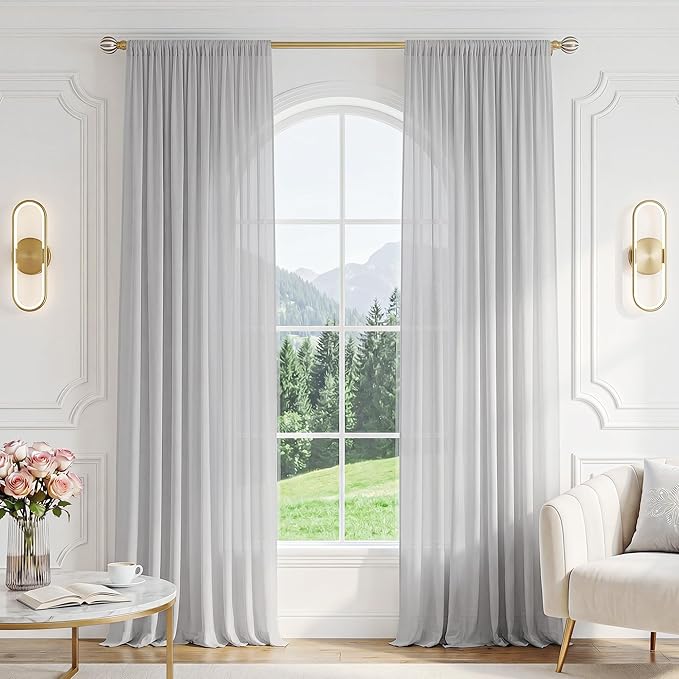 FMFUNCTEX Sheer Non-See-Through Grey Curtains for Bedroom, Faux Silk that Let Light Curtains 108 inches Long Light Filtering Privacy Sheer Window Drapes for Living Room, Rod Pocket 2 Panels Set