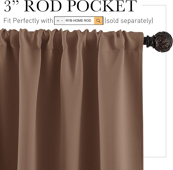 RYB HOME Cafe Blackout Curtains 24 inch Length, RV Curtains for Camper Windows, Mini Short Small Insulating Light UV Heat Blocking Privacy Half Window Tiers, Width 29 by Length 24, Mocha, 2 Panels