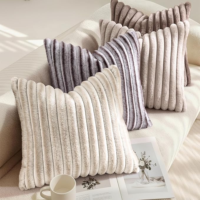decorUhome Summer Cozy Faux Fur Throw Pillow Covers 26x26 Set of 2 Decorative Plush Striped Modern Farmhouse Boho Couch Euro Sham Pillow Cases with Velvet Back for Sofa Bed Living Room, Beige White