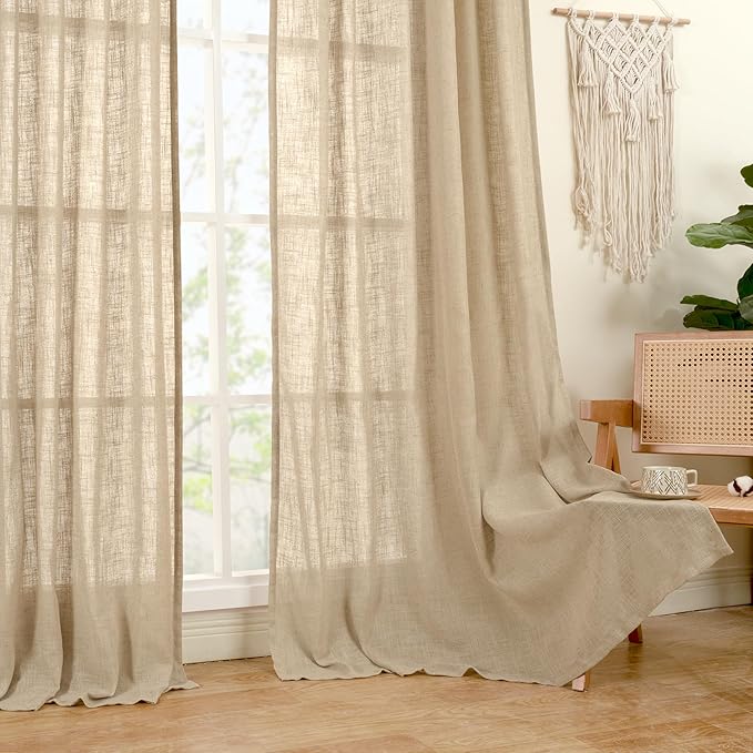 LAMIT 102 Inch Length Light Filtering Sheer Linen Curtains, Linen Textured Semi Sheer Bronze Grommet Natural Boho Drapes for Living Room/Farmhouse, 2 Panels, Brown, 52 x 102 Inch