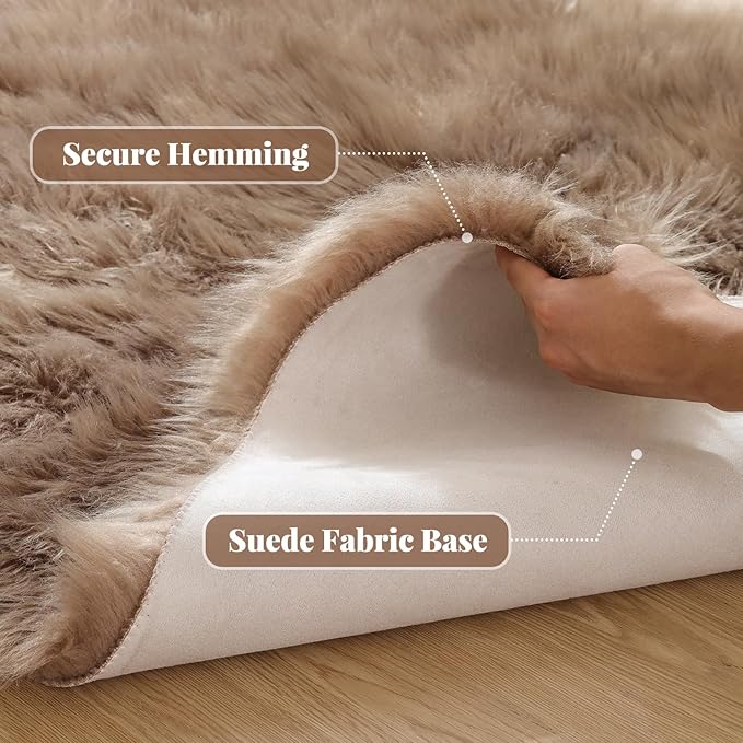 ORINOVA Beige Fuzzy Living Room Washable Area Rug 5ft Round Shag Faux Sheepskin Nursery Rug for Bedroom Teen Room Home Decor Soft Fluffy Circle Carpet