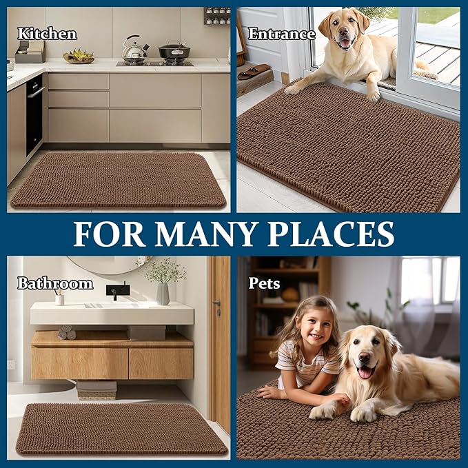 OLANLY Dog Door Mat for Muddy Paws 59x20, Absorbs Moisture and Dirt, Absorbent Non-Slip Washable Doormat, Quick Dry Chenille Mud Mat for Dogs, Entry Indoor Entryway Carpet for Inside Floor, Mocha
