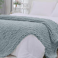 Bigacogo Chunky Knit Throw Blanket for Couch, 40x80 inches, 100% Hand Knitted with Thick Jumbo Chenille Yarn, Cozy Soft Large Rope Knot Cable Crochet Blankets for Sofa Bed Living Room, Dusty Blue