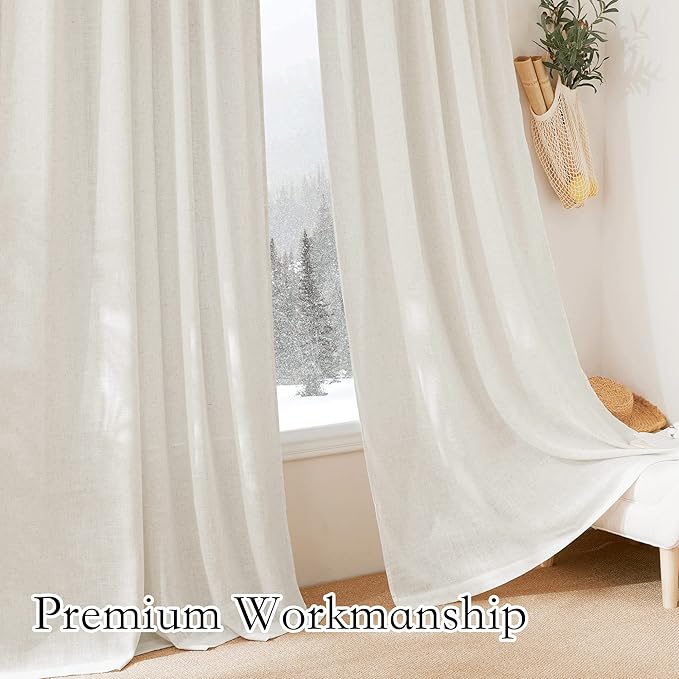 RYB HOME 108 inch Curtains - Flax Linen Blend Semi Sheer Light Glare Filtering Extra Long Drapes for Living Room Dining Doorway Farmhouse Office Sunroom, Linen, Wide 52" by Long 108", 2 Panels