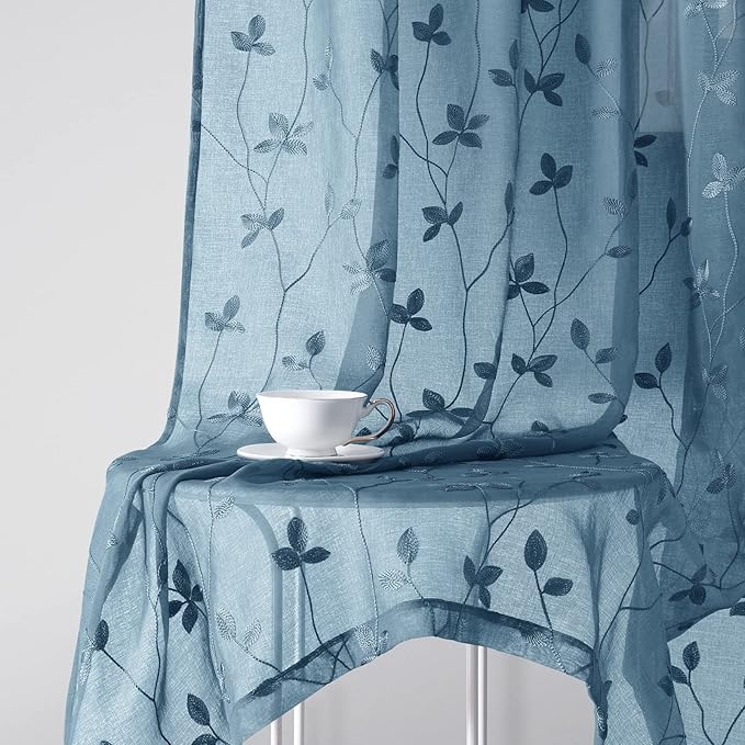 HOMEIDEAS Cyan Blue Sheer Curtains 52 X 84 Inches Length 2 Panels Embroidered Vine Floral Pattern Pocket Faux Linen Semi Sheer Voile Window Drapes for Bedroom Living Room