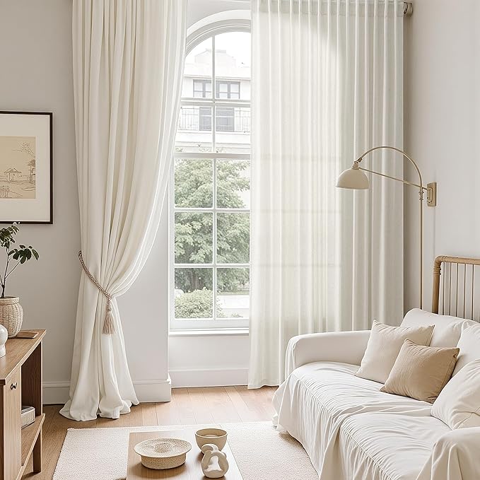 Nanspring Natural Linen Curtains for Living Room 144 Inches Long Back Tab Light Filtering Semi Sheer Curtain Rustic Farmhouse Decor Long Floor to Ceiling High Window for Bedroom 52x144, 2 Panels