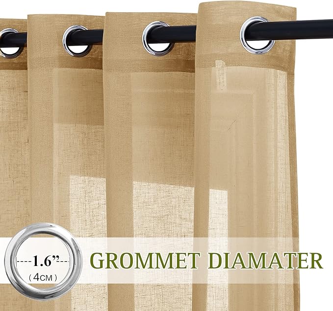 NICETOWN Natural Linen Blend Semi Sheer Curtains, Grommet Top Bedroom Window Privacy with Light Penetration Flax Sheer Drapes for Living Room/Bedroom, Camel, W52 x L108, 2 Panels
