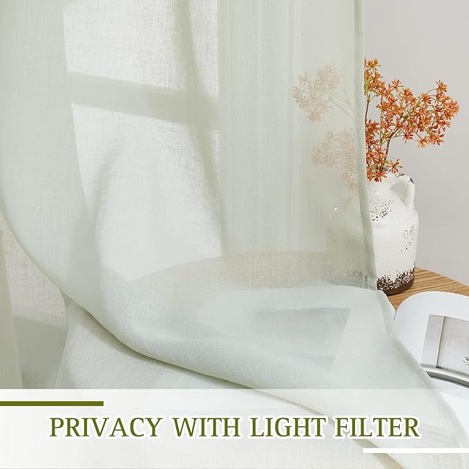 NICETOWN Sheer Linen Burlab Curtains & Drapes, Grommet Top Casual Semitransparent Sheer Privacy Window Treatment for Bedroom/Farmhouse, Sage Green, W52 x L45, Sold by 2 Panels