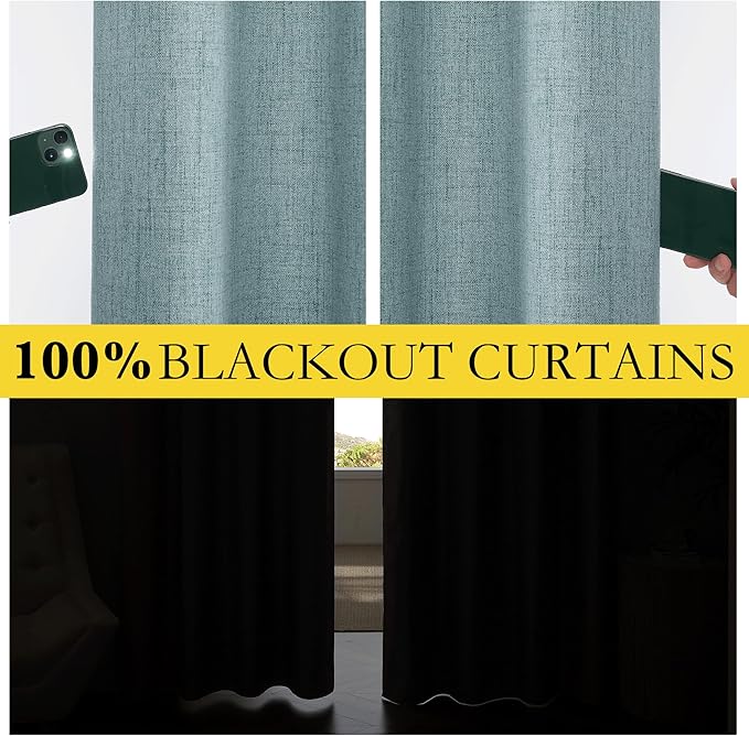 NICETOWN 100% Absolutely Blackout Linen Curtains with Thermal Insulated White Liner, Skylark Blue, 52 inches Wide, 72 inches Length Energy Saving Curtains for Living Room 2 Panels Set, Vertical Blinds